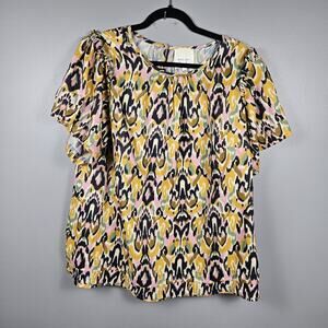 Mari Rai Anthropologie Boho Ikat Flutter Sleeve Top 1X Colorful Artsy Blouse